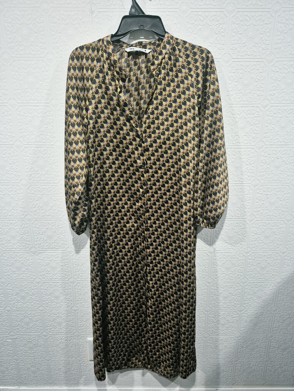 ZARA Geometric Print Long Sleeve Midi Shirt Dress Yellow Black Blue Large L - Picture 2 of 8